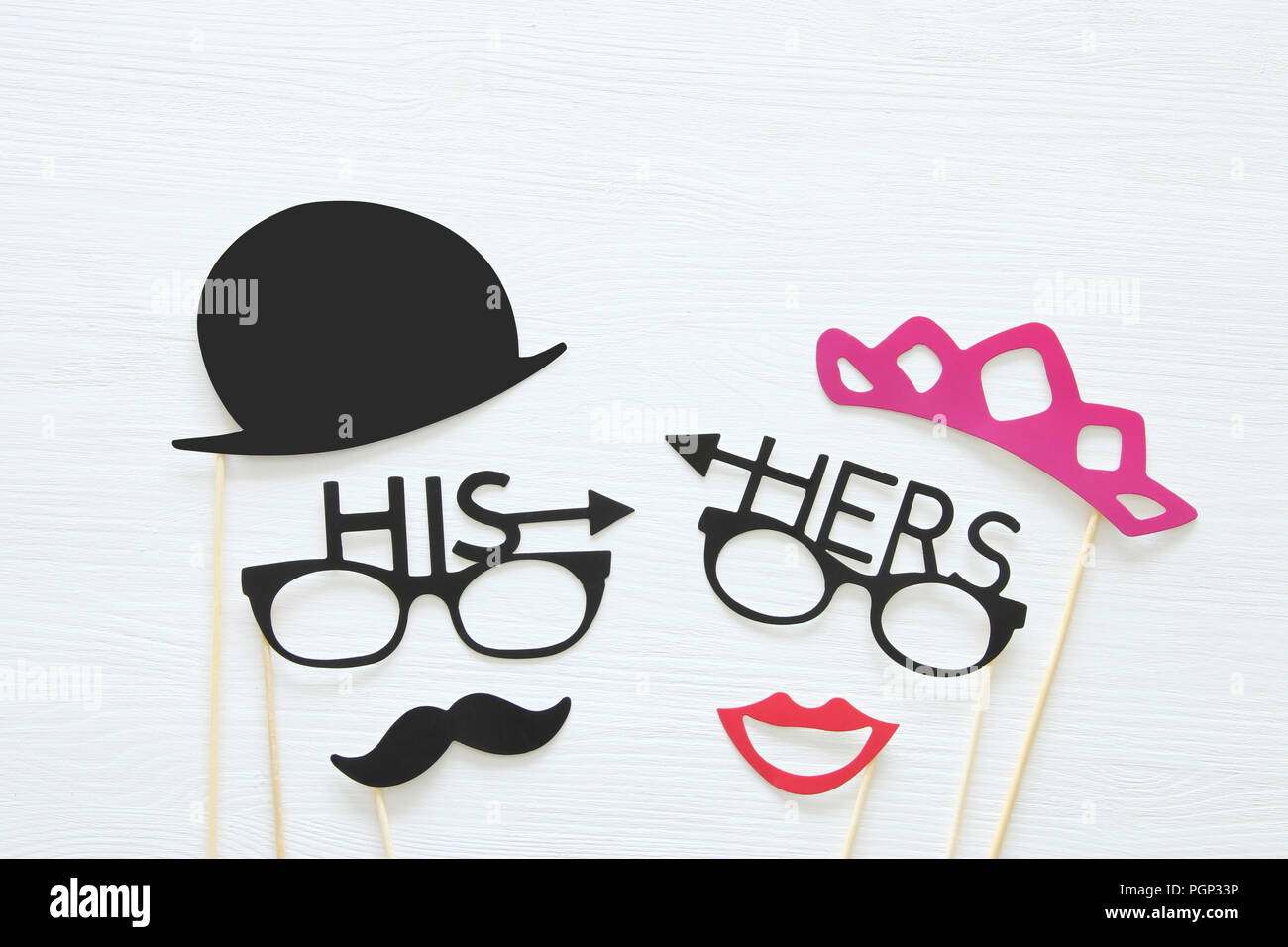 Top view image of funny photo booth props with text HIS, HERS for
