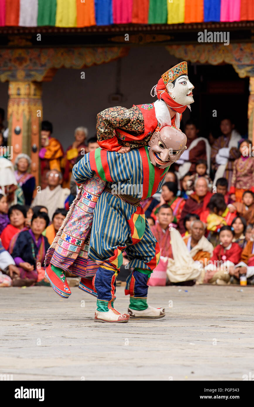 TRIMPHU, BHUTAN - MAR 8, 2017: Unidentified Ngalops people show a