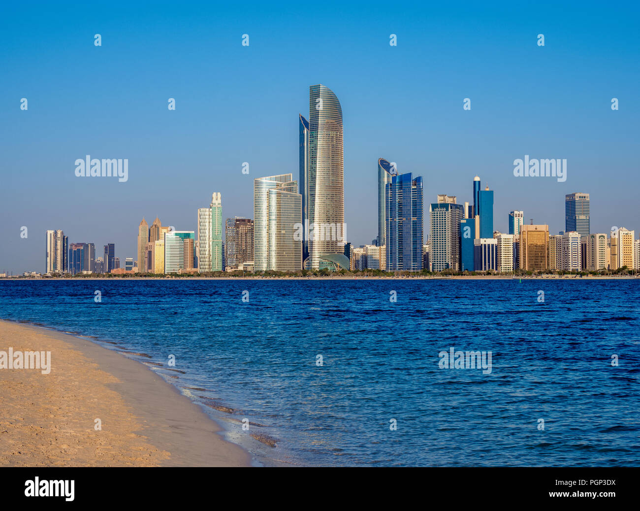 Marina Beach and City Center Skyline, Abu Dhabi, United Arab Emirates Stock Photo