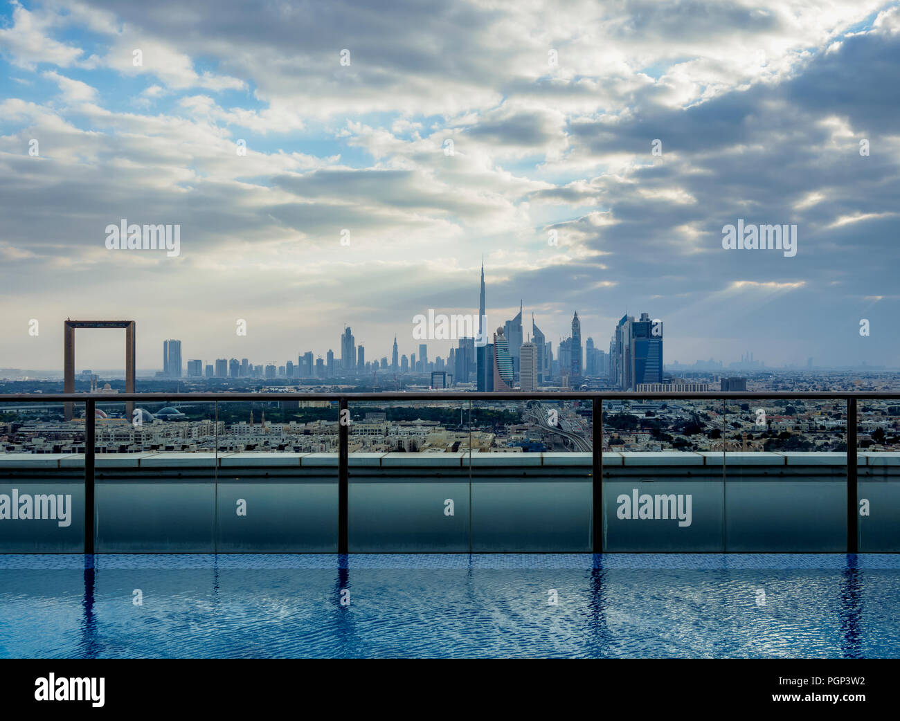 Rooftop swimming pool with city skyline, Dubai, United Arab Emirates Stock Photo Alamy