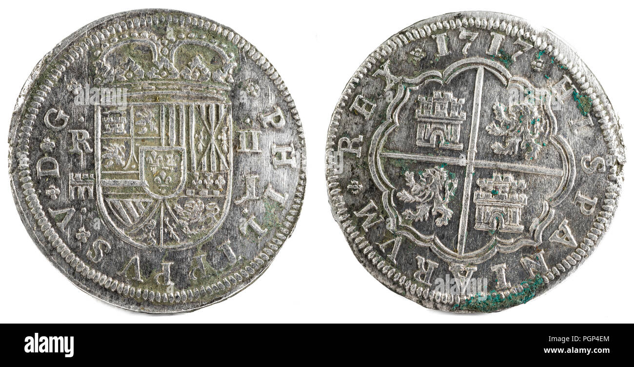 Ancient Spanish silver coin of the King Felipe V. 1717. Coined in