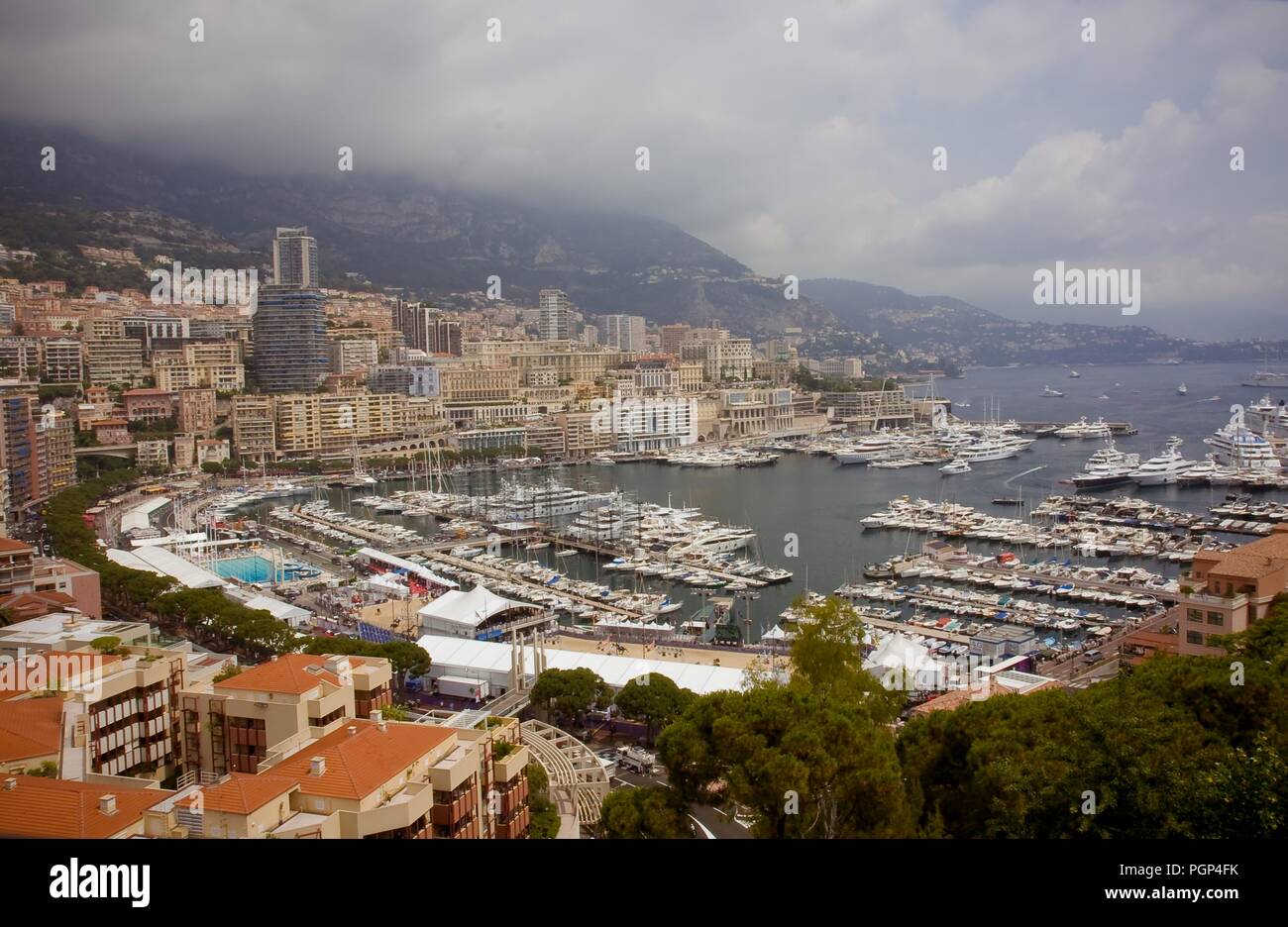 June 2011 - Panoramic view of Monte Carlo harbour in Monaco, the deep-water port providing anchorage for up to 700 vessels Stock Photo