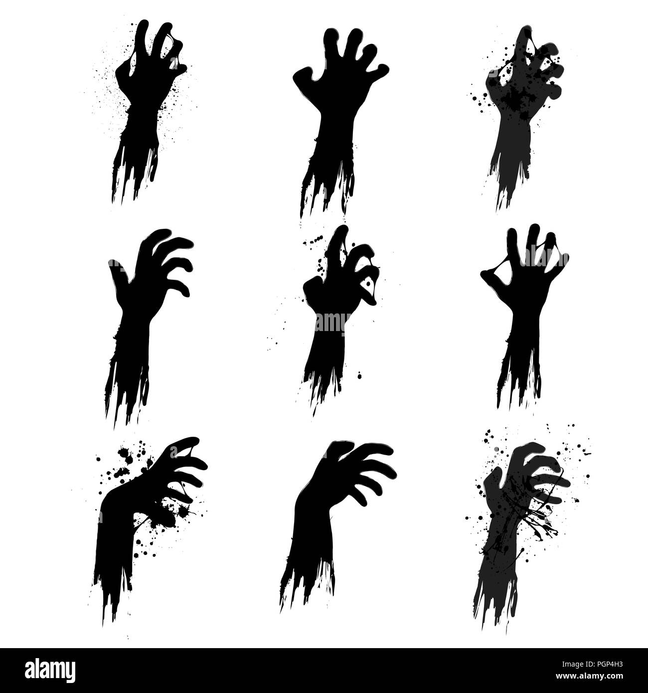 Set of nine black grunge zombie hands isolated on white background ...