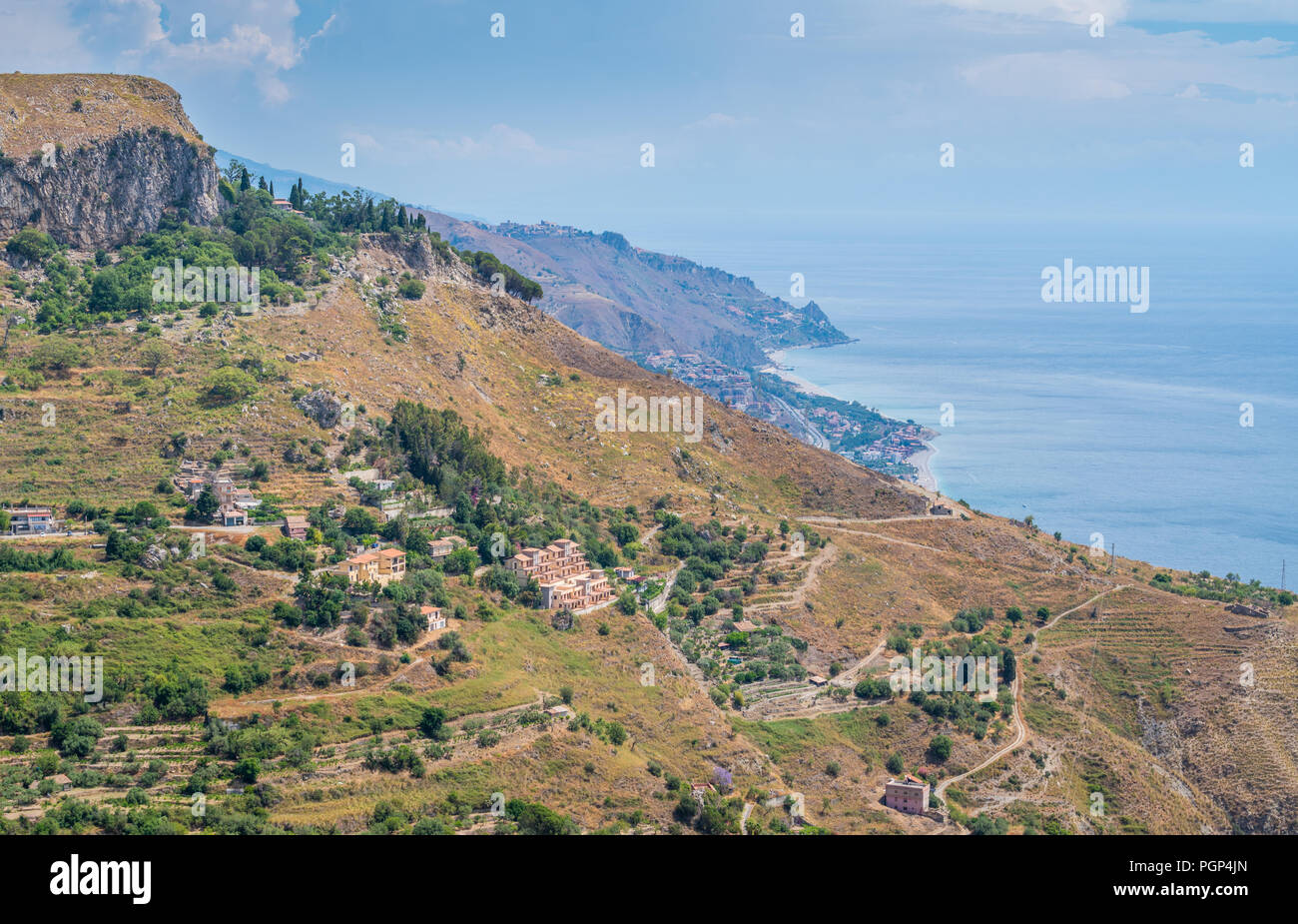Panoramic view from Castelmola, an ancient medieval village situated above Taormina, on the top of the mountain Mola. Sicily, Italy. Stock Photo