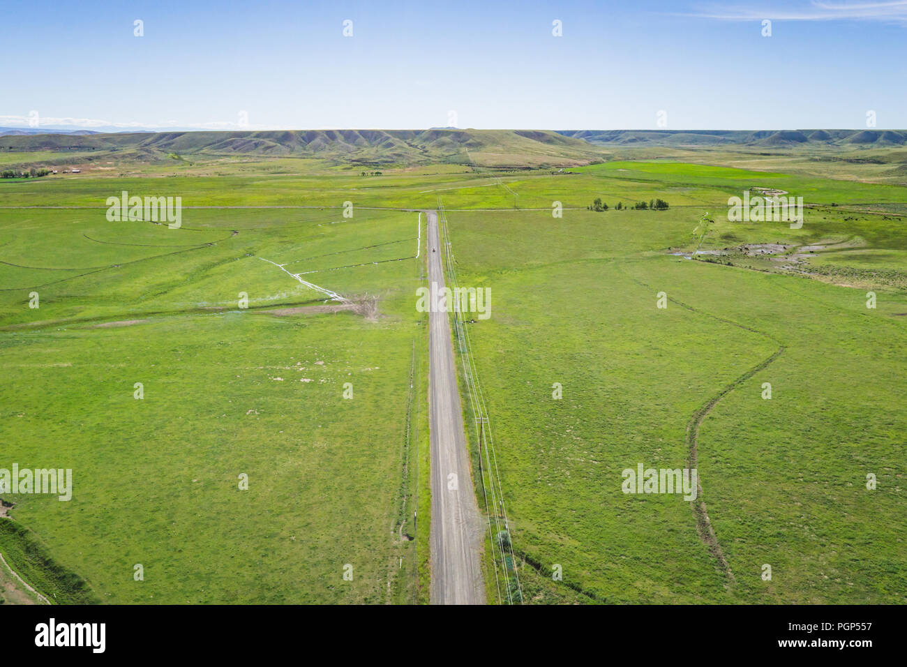 Green farm fields line a gravel road in the flat lands of America's great plains. Stock Photo