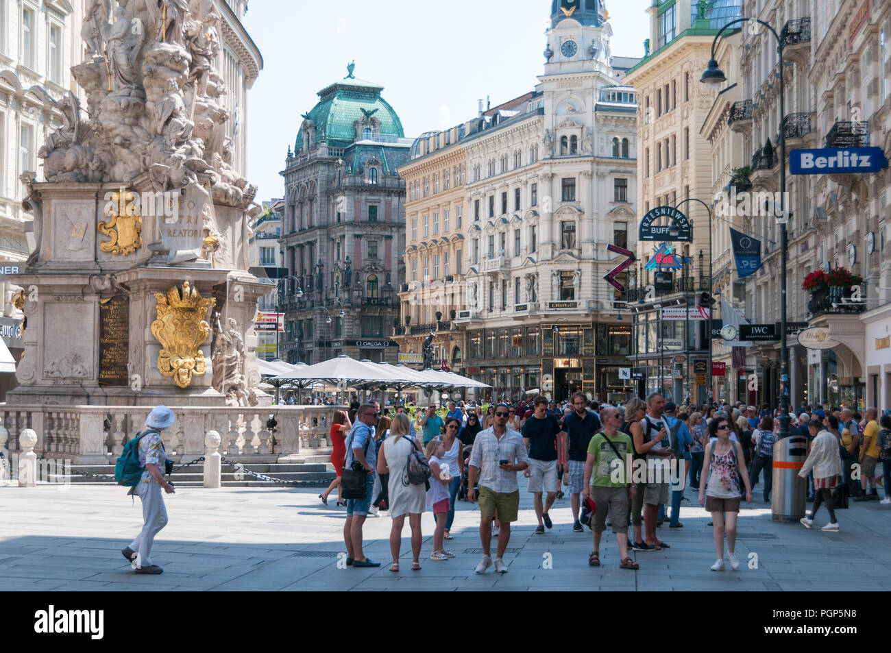 Plague Column and Graben street, Vienna, Austria Stock Photo