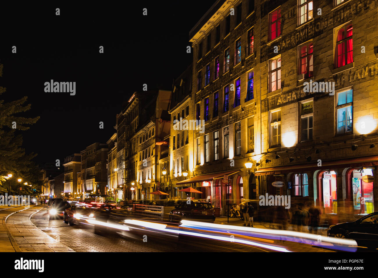 Night cityscape in Old Montreal Urban landscape on Notre Dame Street