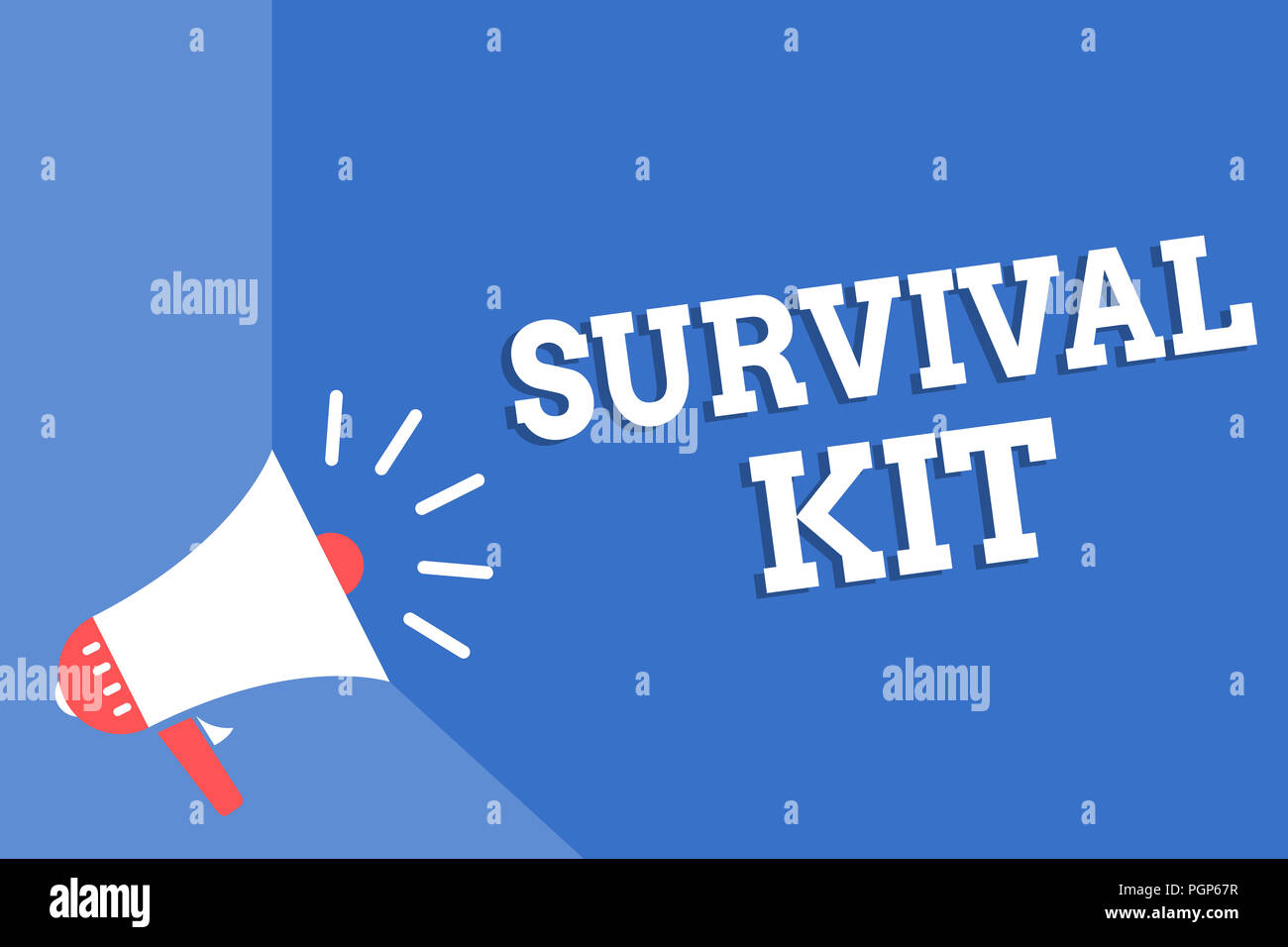 Handwriting text writing Survival Kit. Concept meaning Emergency Equipment Collection of items to help someone Megaphone loudspeaker blue background i Stock Photo