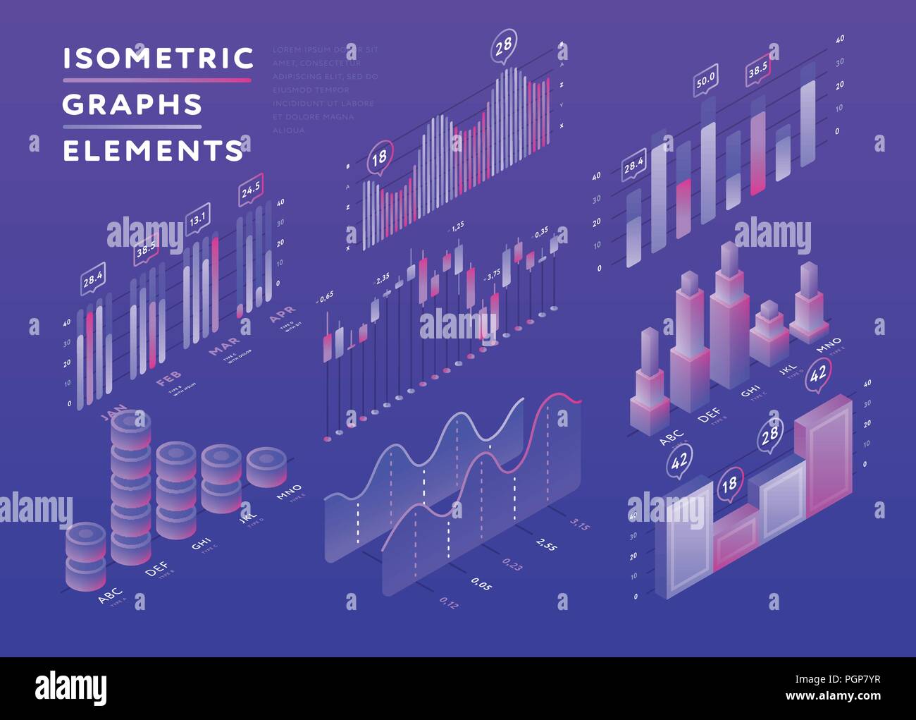 Colorful set of isometric graphic elements Stock Vector