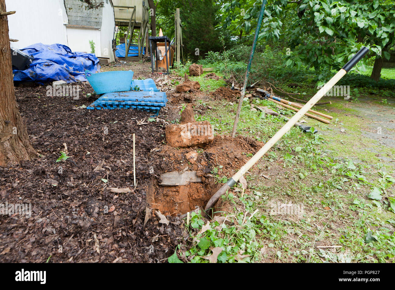 Fence post holes in ground during fence repairs - USA Stock Photo