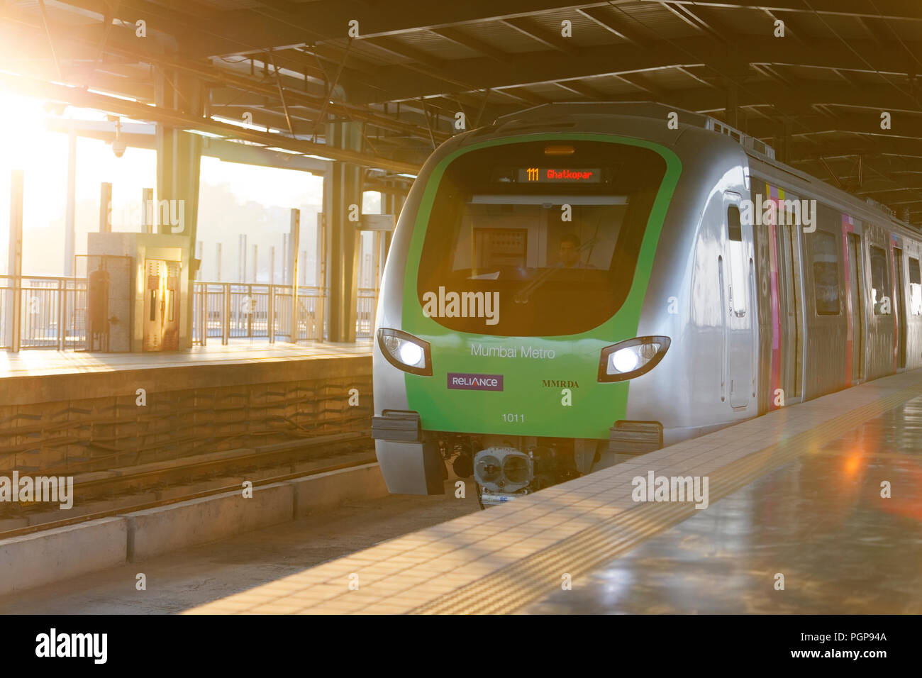 Mumbai Metro train interior and exterior. Comfortable, modern , fast, new & air conditioned way of transport in Mumbai India, Stock Photo