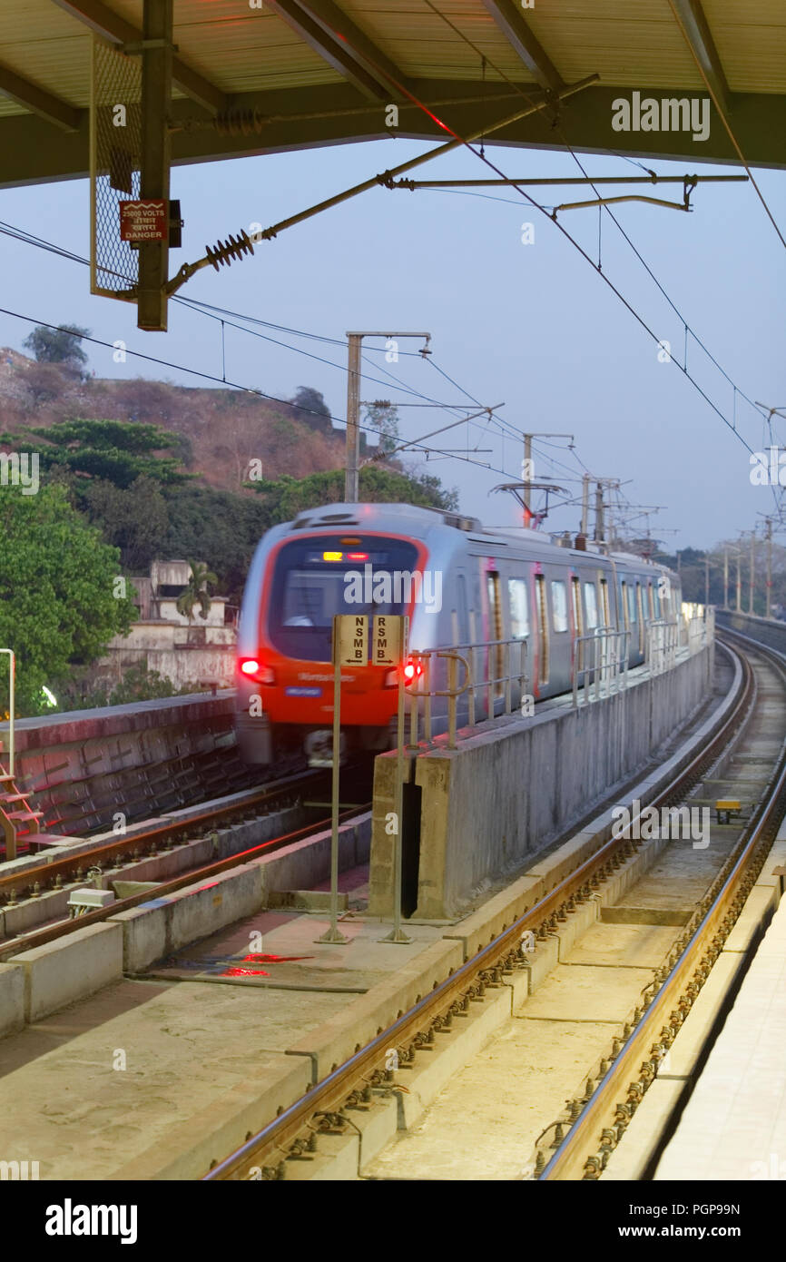 Mumbai Metro train interior and exterior. Comfortable, modern , fast, new & air conditioned way of transport in Mumbai India, Stock Photo