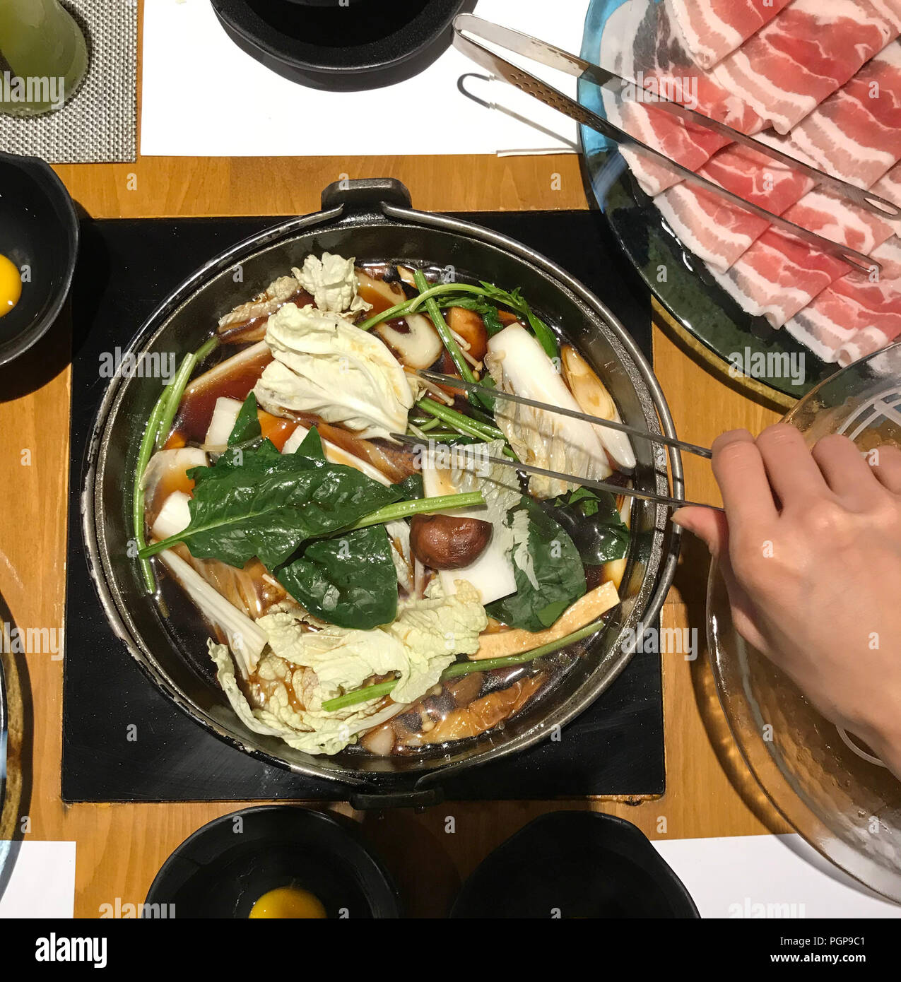 Japanese nabemono hotpot dish of thinly sliced meat and vegetable