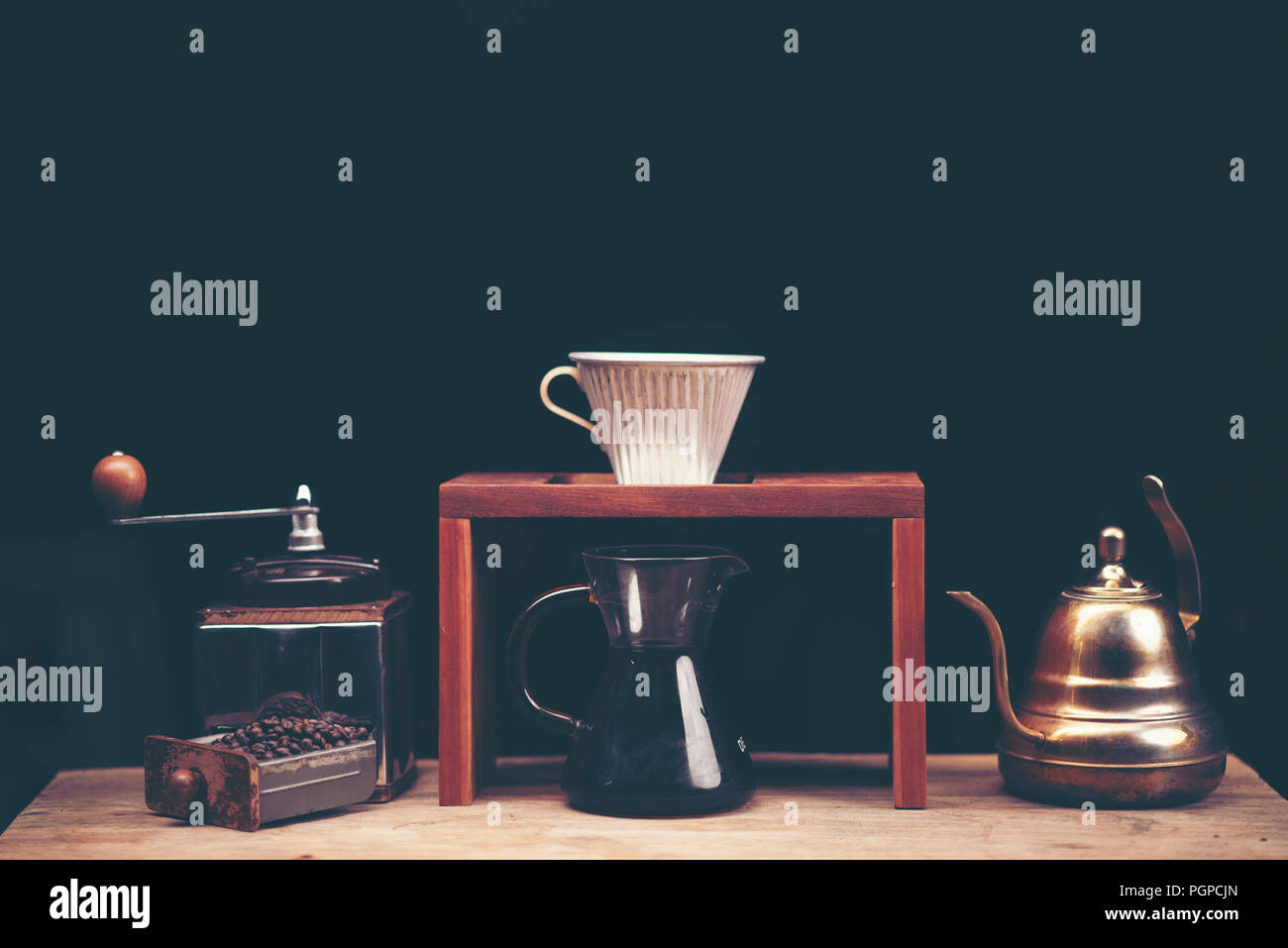 Drip coffee glass kits on the coffee bar at coffee shop cafe display
