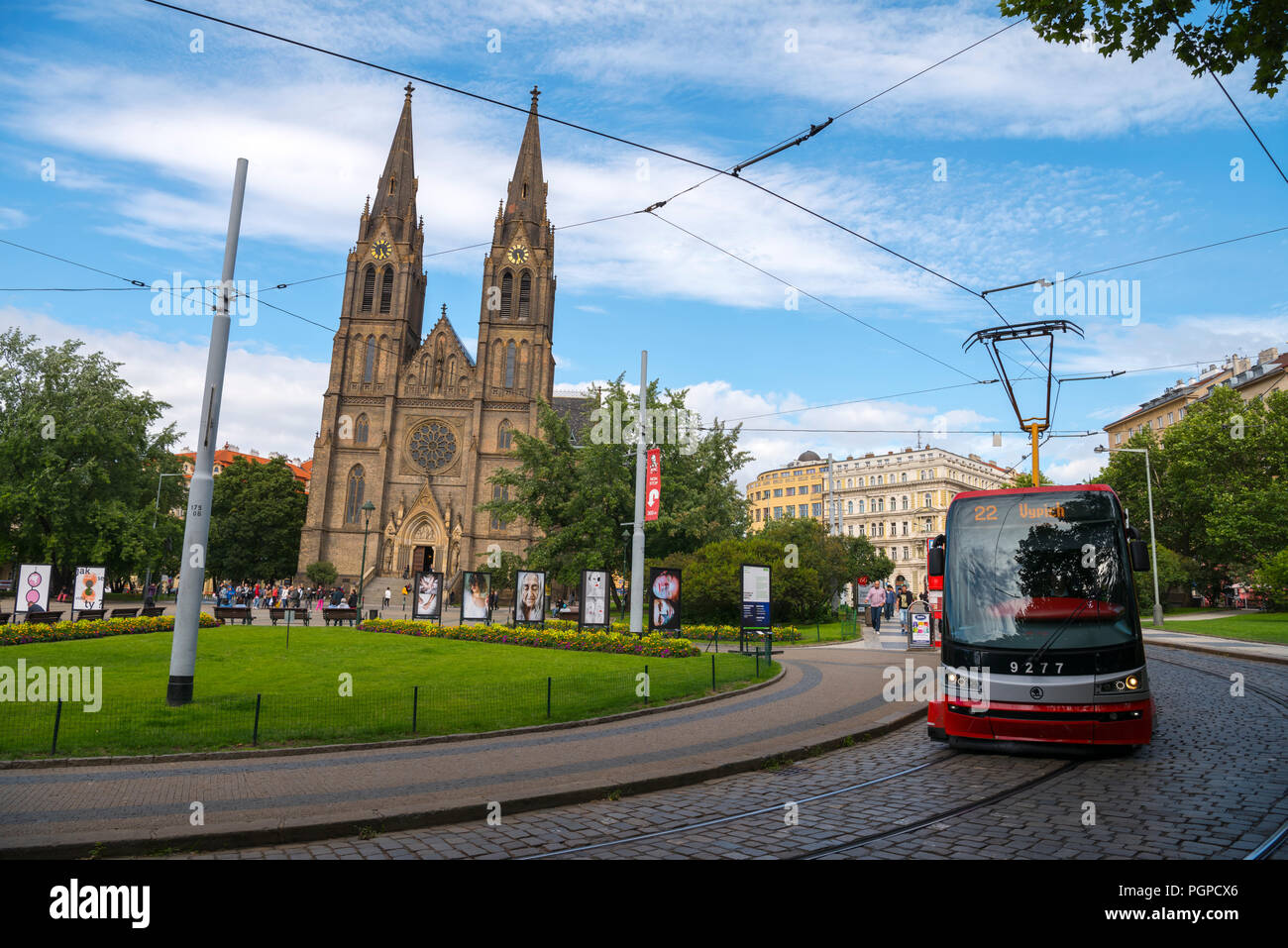 The famous trams and St. Ludmila church, Prague, Czech Republic. Stock Photo