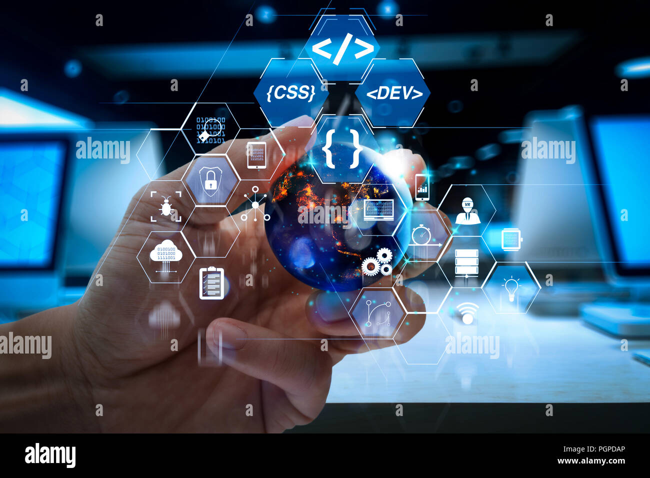 Coding software developer work with augmented reality dashboard ...