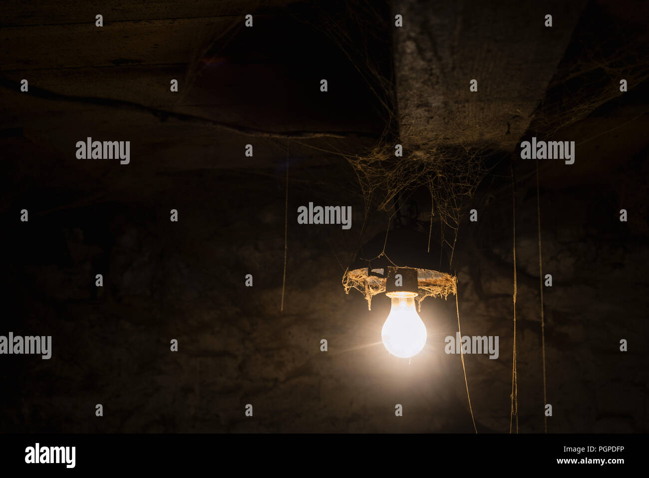 Light of old lamp in the barn. Cobweb in a creepy room. Background for Halloween party design Stock Photo