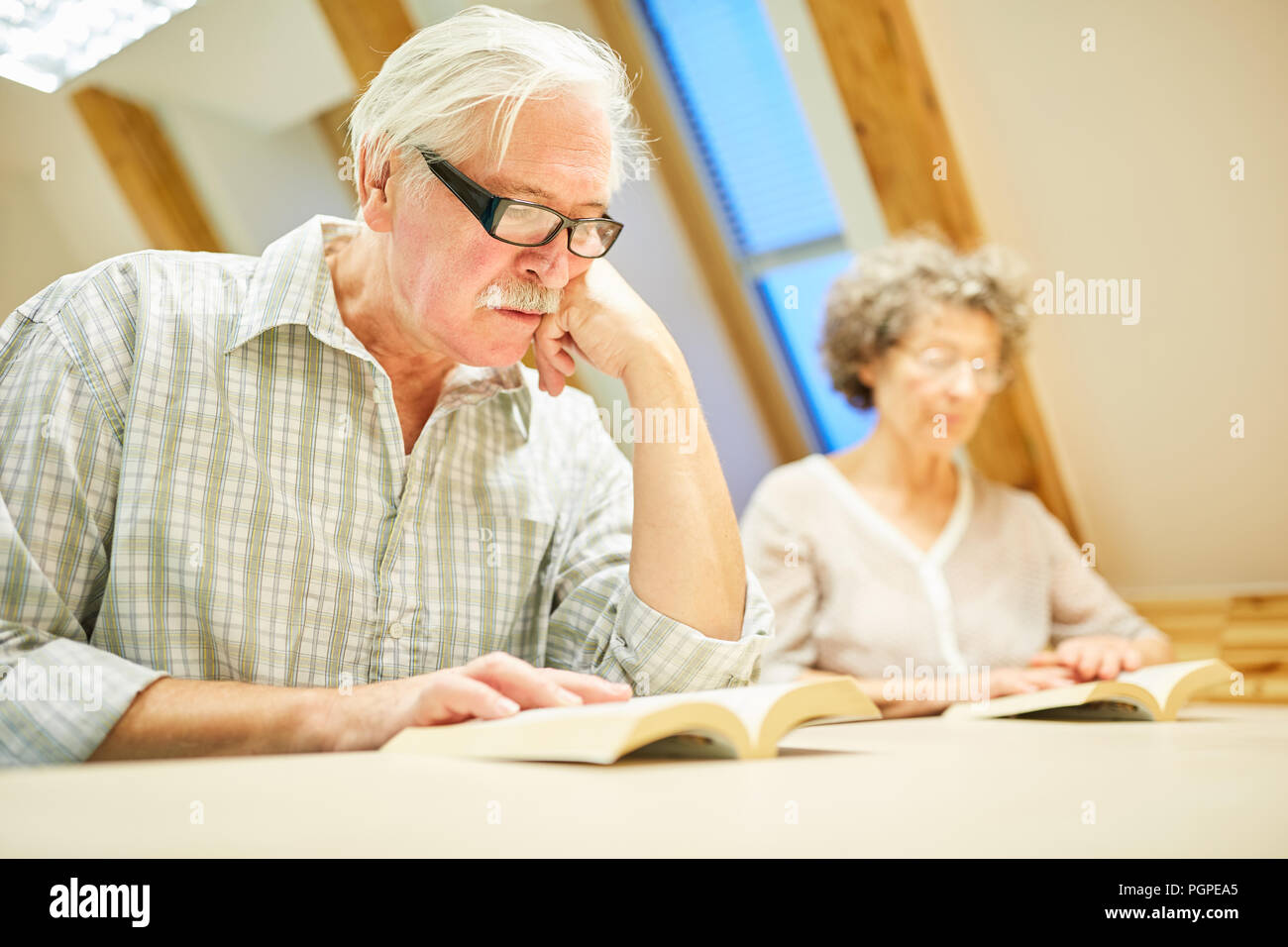 Senior reads concentrated in a book for continuing education in senior studies Stock Photo