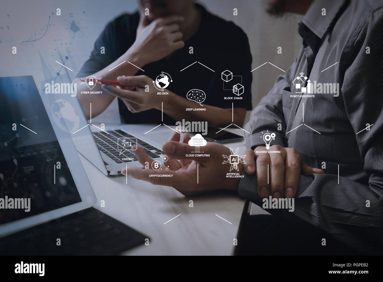 Futuristic in Industry 4.0 and business virtual diagram with Ai, robot assistant, Cloud, big data and automation. Business team meeting. Photo profess Stock Photo
