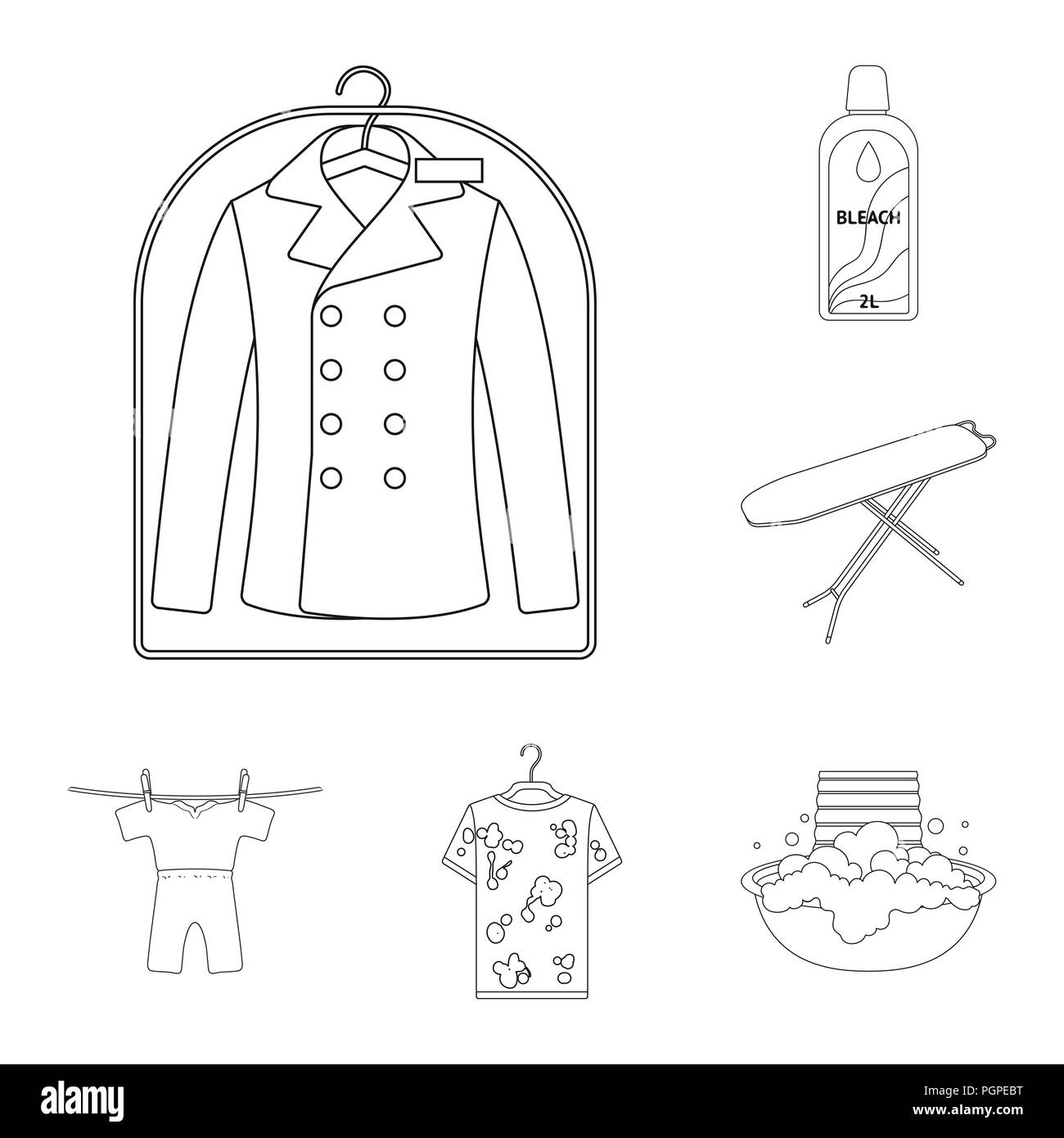 Dry cleaning equipment outline icons in set collection for design. Washing and ironing clothes vector symbol stock  illustration. Stock Vector