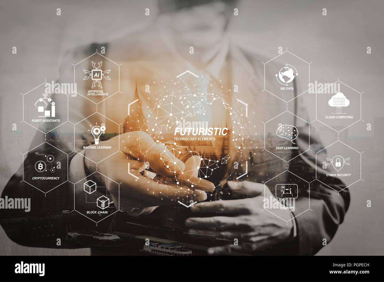 Futuristic in Industry 4.0 and business virtual diagram with Ai, robot assistant, Cloud, big data and automation. success businessman open his hand of Stock Photo