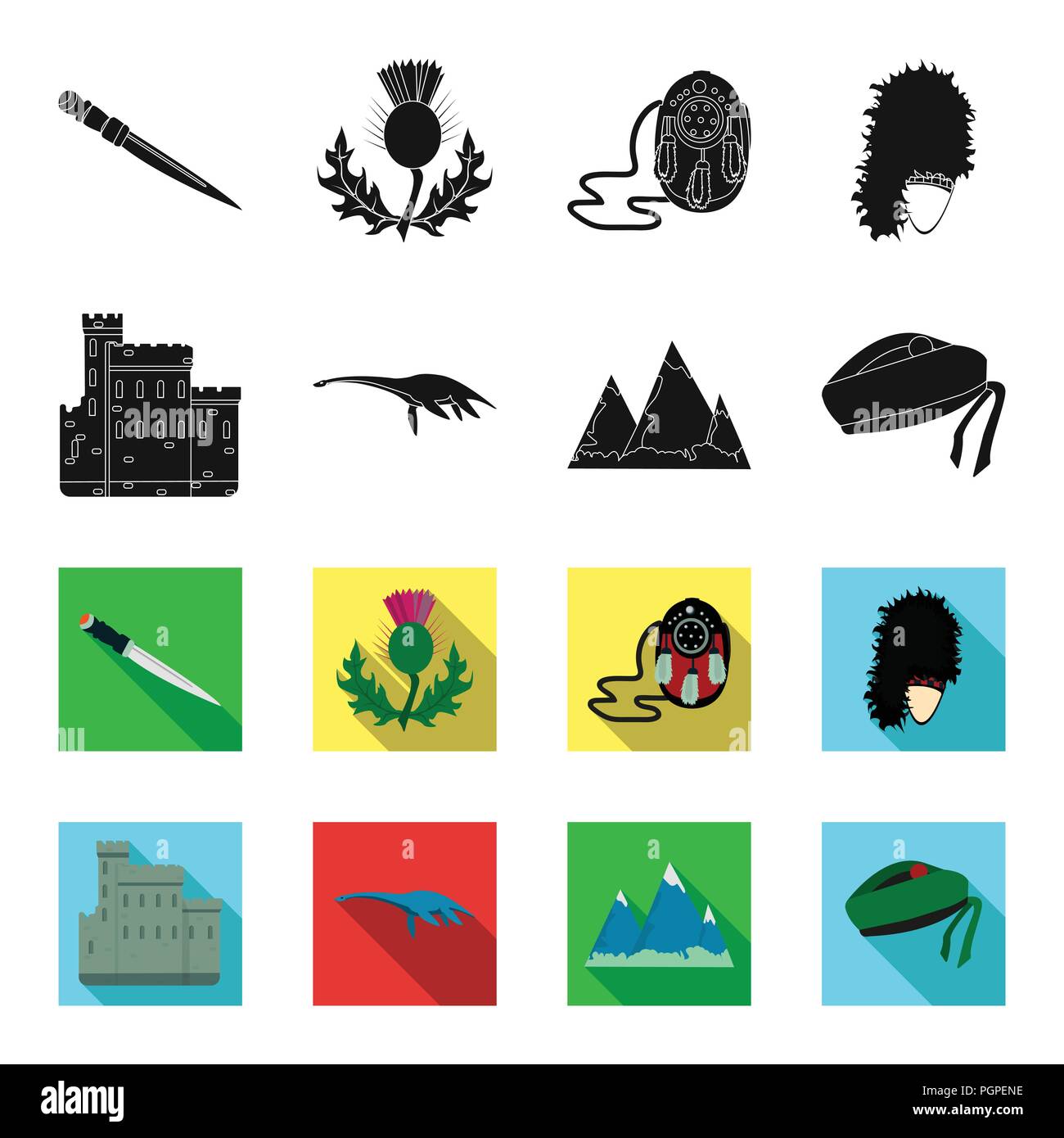Edinburgh Castle, Loch Ness Monster, Grampian Mountains, national cap balmoral,tam shanter. Scotland set collection icons in black,flet style vector s Stock Vector