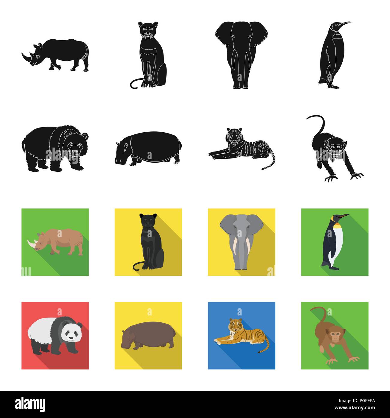 Bamboo bear, hippopotamus, wild animal tiger, monkey . Wild animal set collection icons in black,flet style vector symbol stock illustration . Stock Vector