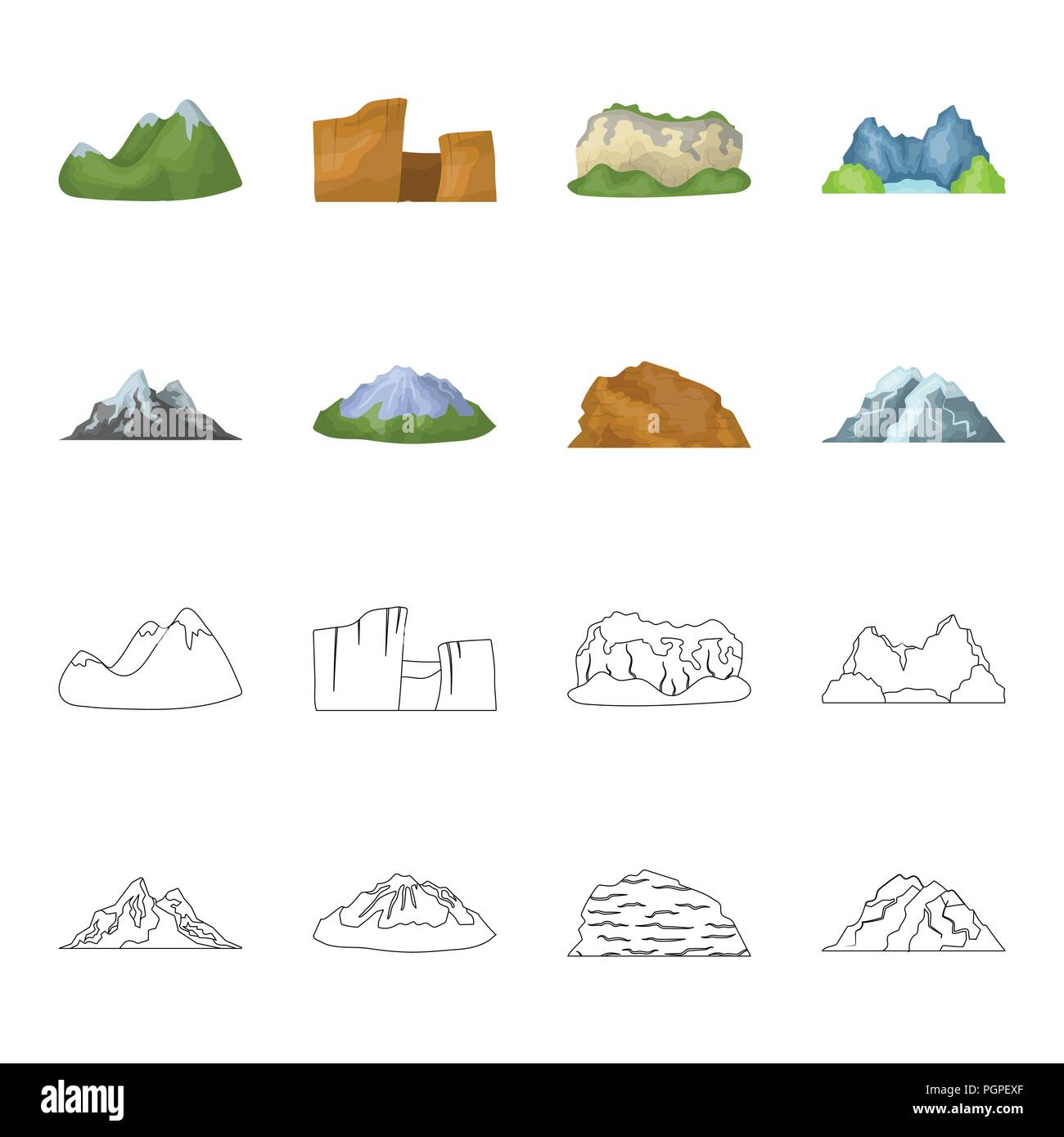 Mountains in the desert, a snowy peak, an island with a glacier, a snow-capped mountain. Different mountains set collection icons in cartoon,outline s Stock Vector