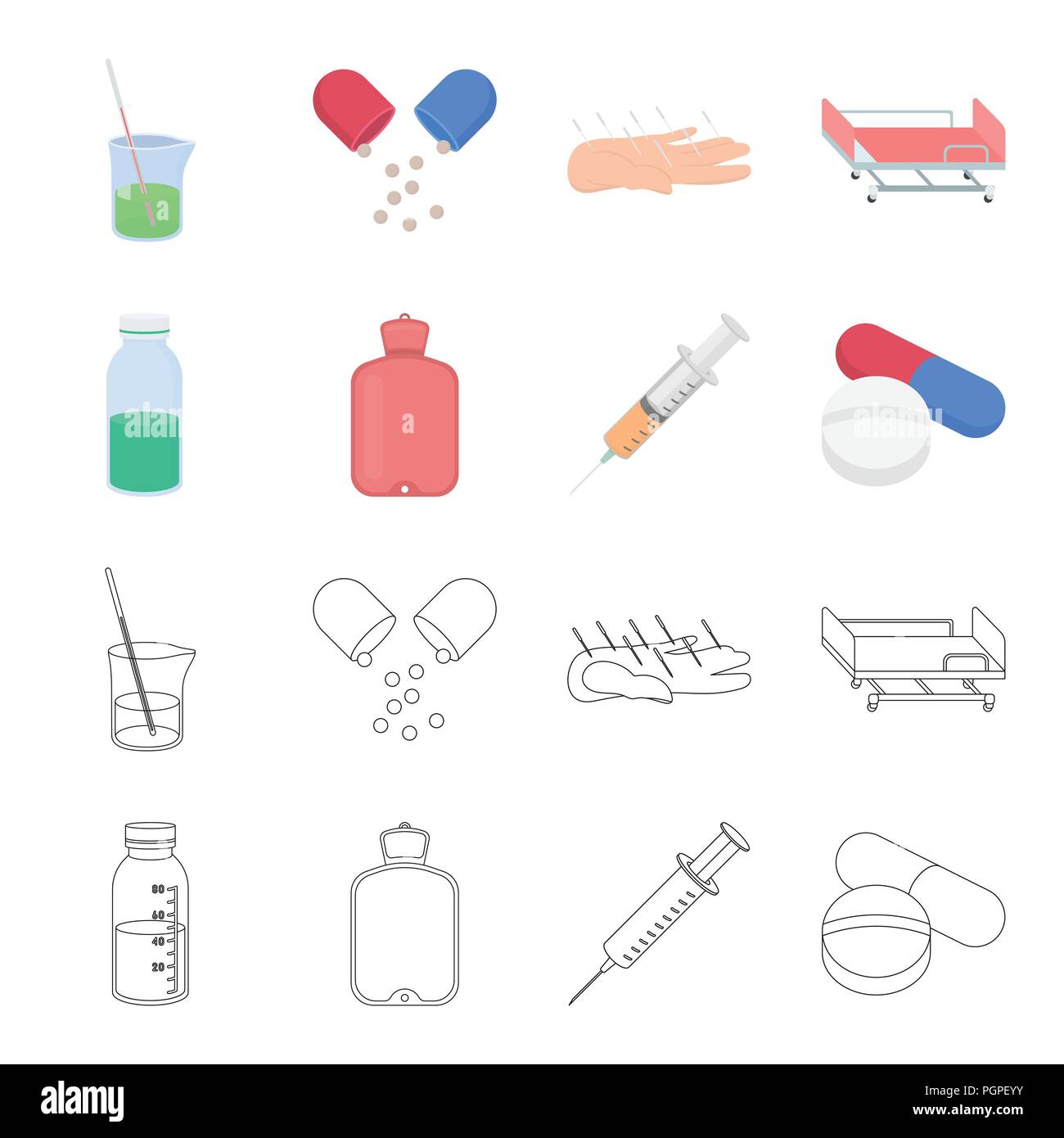 Solution, warmer, syringe, pills.Medicine set collection icons in