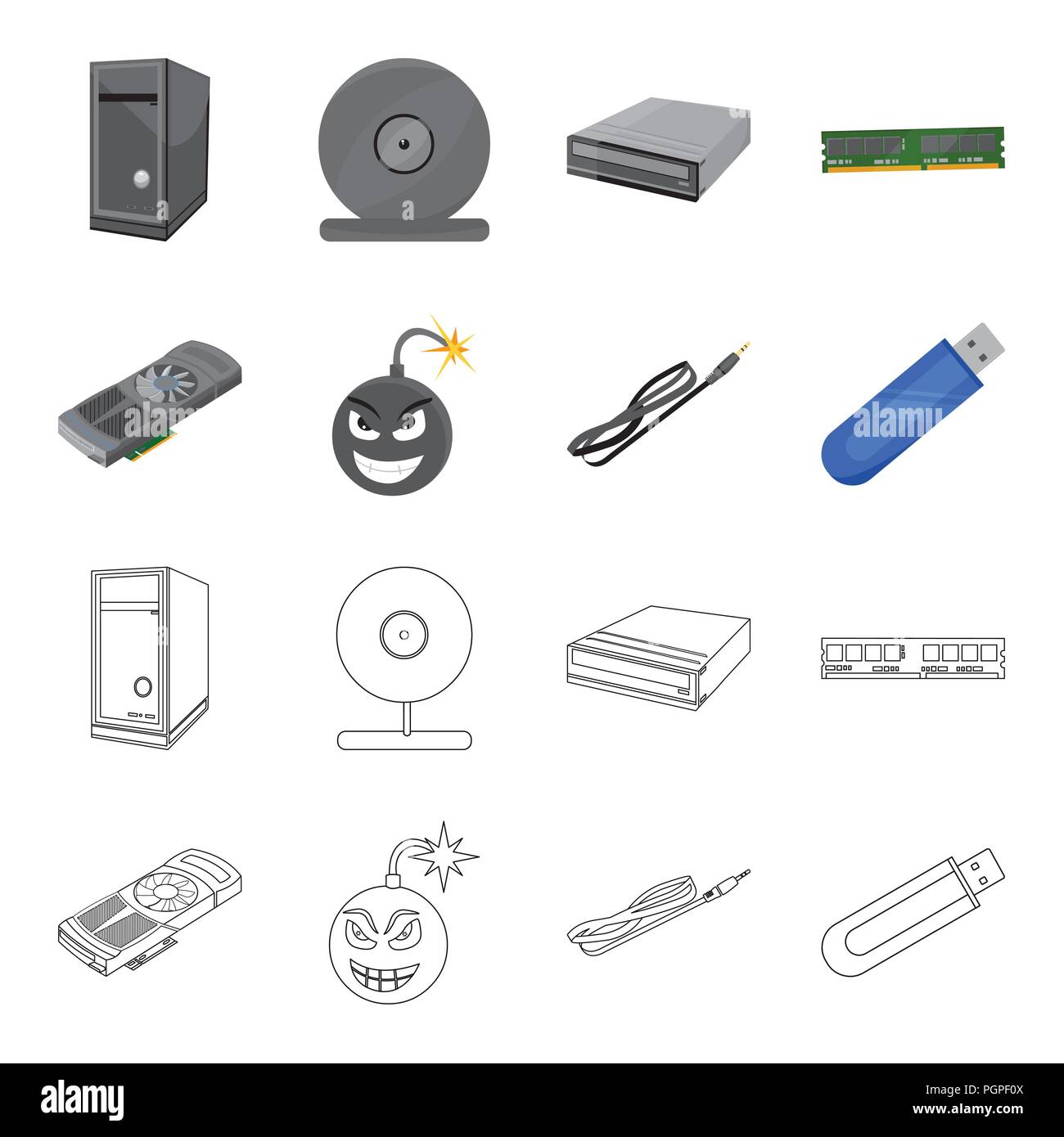 Video card, virus, flash drive, cable. Personal computer set collection ...