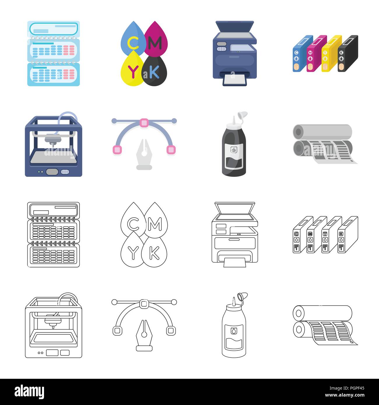 3D printer, newspaper printer, ink, pen. Typography set collection ...