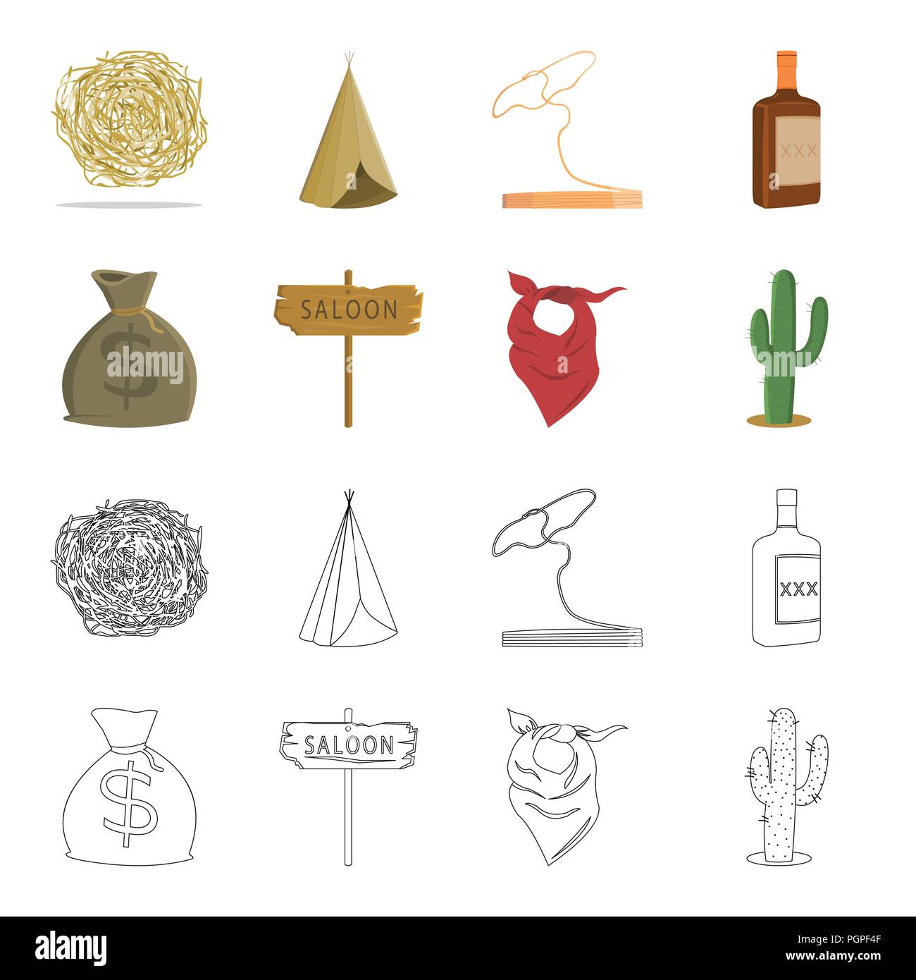 Bag of money, saloon, cowboy kerchief, cactus. Wild west set collection icons in cartoon,outline style vector symbol stock illustration . Stock Vector