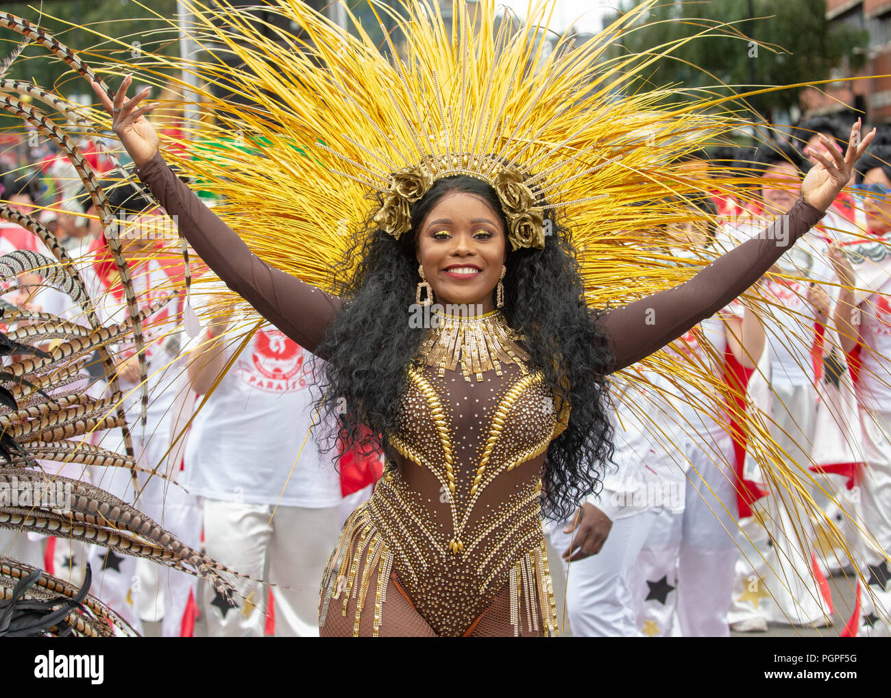 Performers and dancers at the Notting Hill Carnival in West London. It