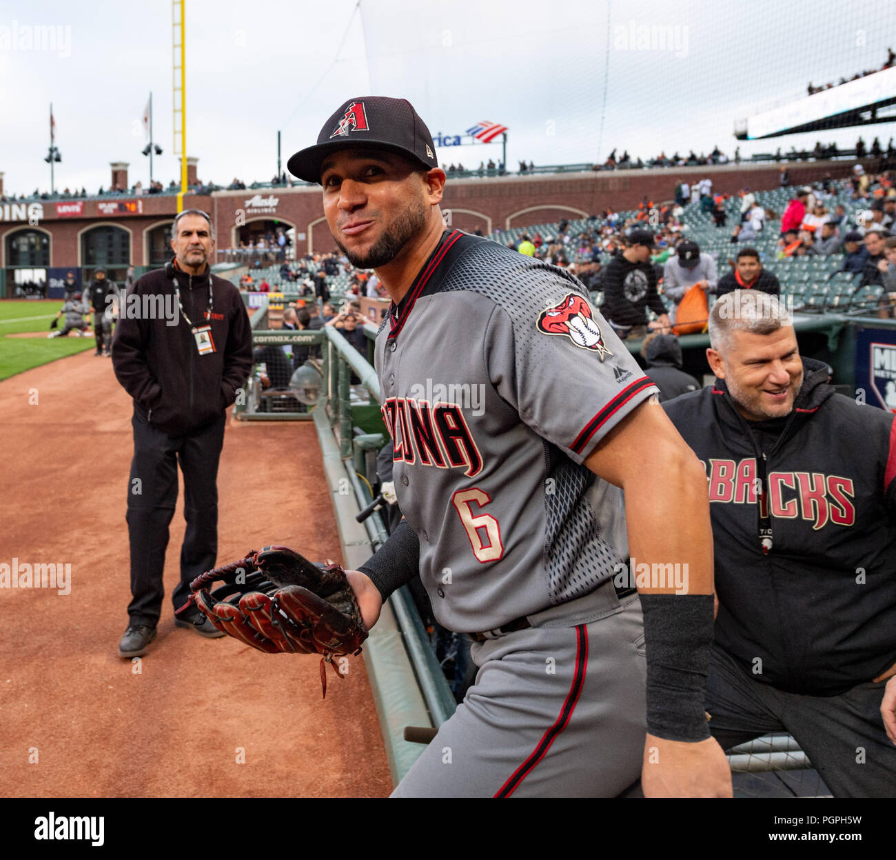 August 27, 2018: Arizona Diamondbacks left fielder David Peralta (6) comes  out of the dugout to warm up, before a MLB game between the Arizona  Diamondbacks and the San Francisco Giants at