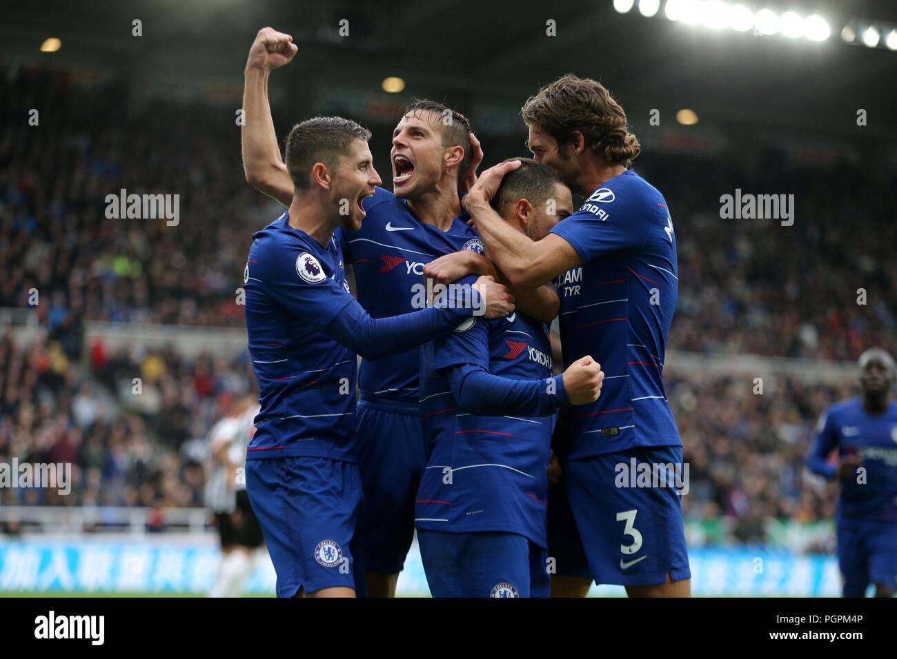 JORGINHO, CESAR AZPILICUETA, EDEN HAZARD & ALONSO CELEBTATES GOAL NEWCASTLE  UNITED FC V CHELSEA FC NEWCASTLE UNITED FC V CHELSEA FC, PREMIER LEAGUE, ST  JAMES PARK, NEWCASTLE, ENGLAND 26 August 2018 GBC11302