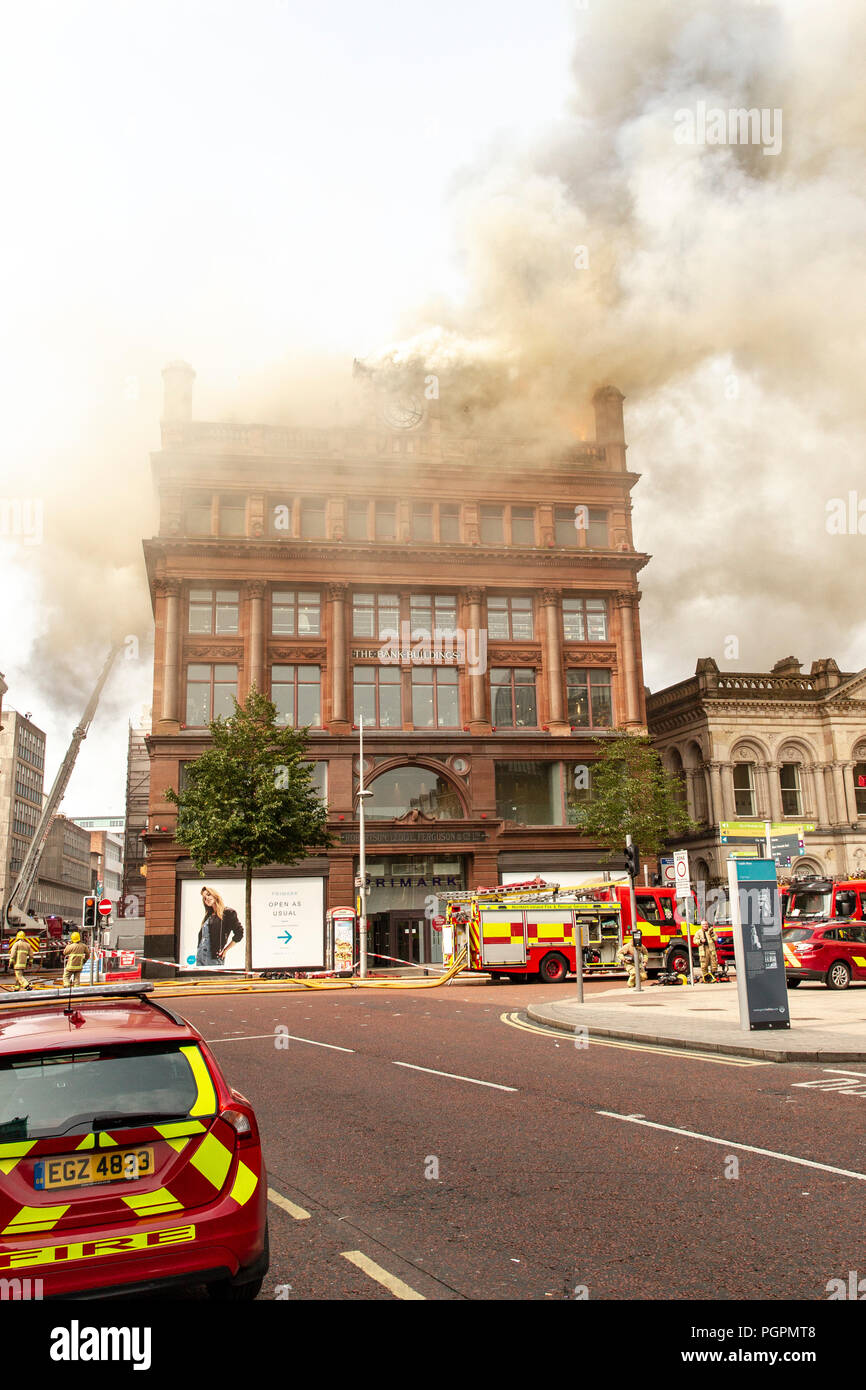 Belfast, UK. 28th Aug 2018. Clothing retailer Primarks' building caught