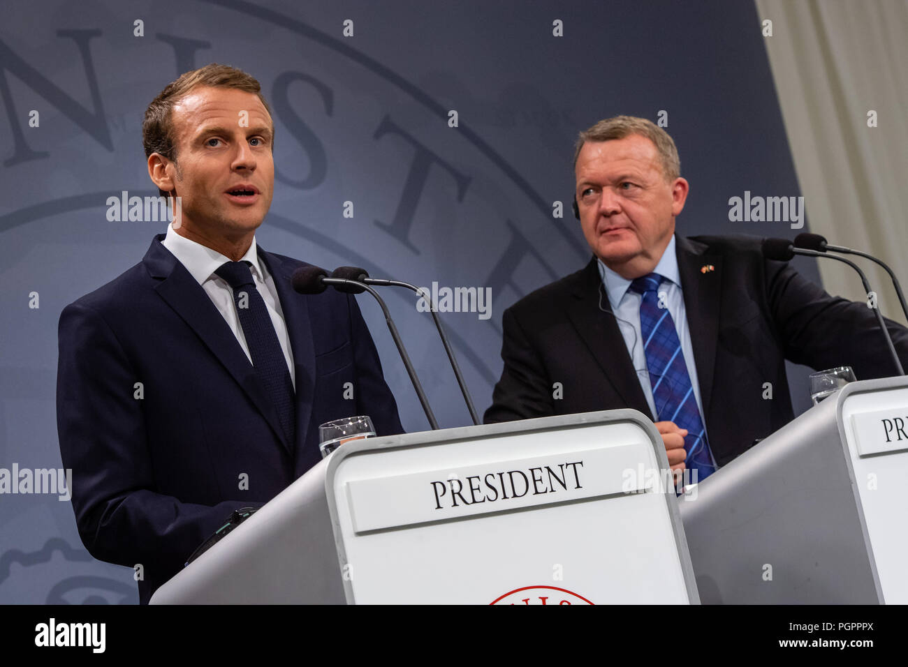 Copenhagen, Denmark - Tuesday 28th, 2018    French President Emannuel Macron is pictured during a state visit to Denmark, where he met with the Danish Prime Minister Lars Løkke Rasmussen at the country’s parliament building, Christiansborg, in Copenhagen.    © Matthew James Harrison / Alamy News Stock Photo