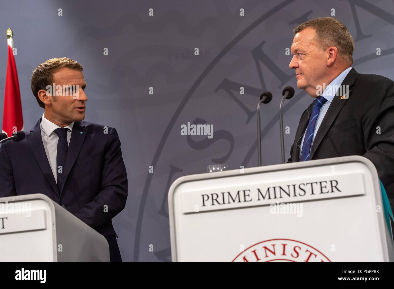 Copenhagen, Denmark - Tuesday 28th, 2018    French President Emannuel Macron is pictured during a state visit to Denmark, where he met with the Danish Prime Minister Lars Løkke Rasmussen at the country’s parliament building, Christiansborg, in Copenhagen.    © Matthew James Harrison / Alamy News Stock Photo