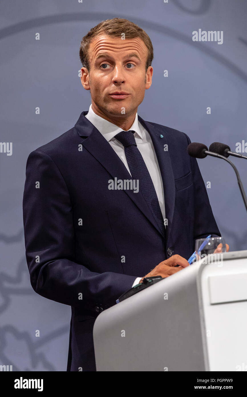 Copenhagen, Denmark - Tuesday 28th, 2018    French President Emannuel Macron is pictured during a state visit to Denmark, where he met with the Danish Prime Minister Lars Løkke Rasmussen at the country’s parliament building, Christiansborg, in Copenhagen.    © Matthew James Harrison / Alamy News Stock Photo
