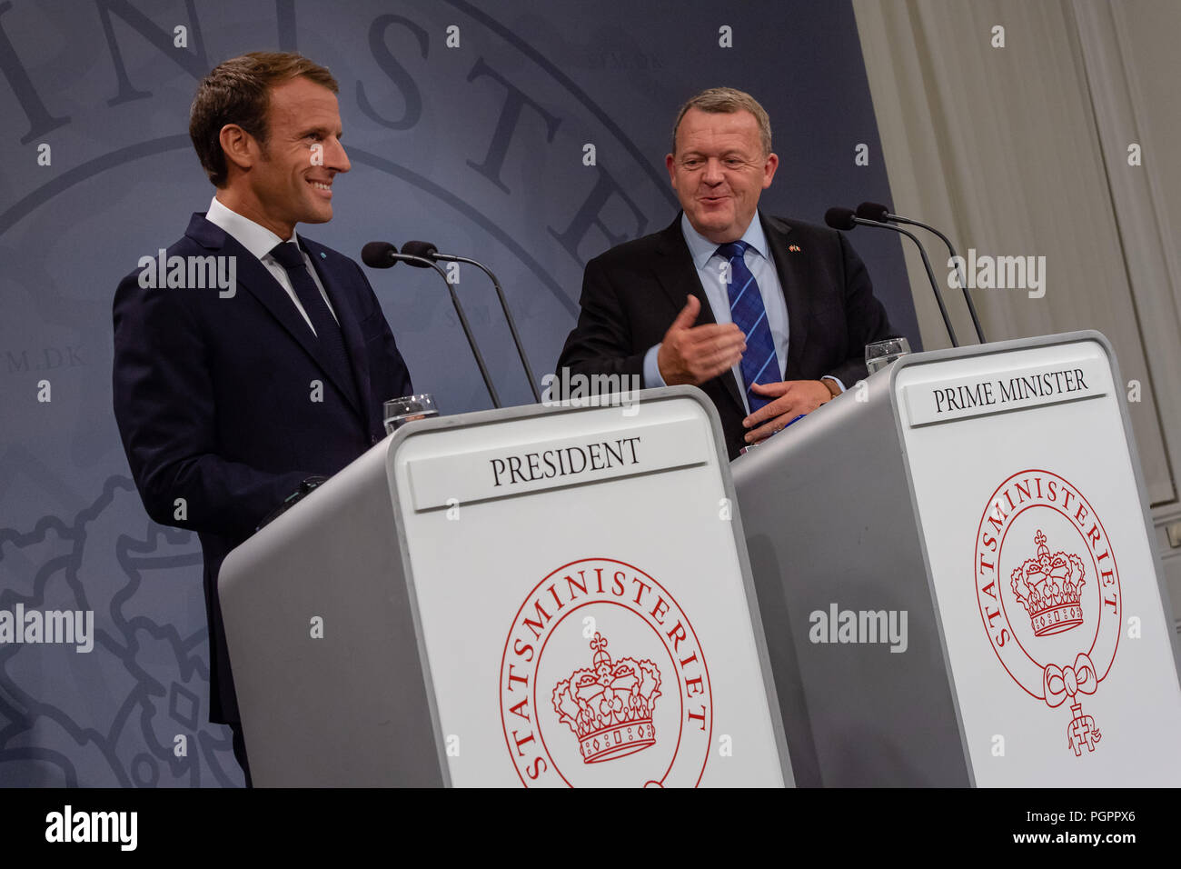 Copenhagen, Denmark - Tuesday 28th, 2018    French President Emannuel Macron is pictured during a state visit to Denmark, where he met with the Danish Prime Minister Lars Løkke Rasmussen at the country’s parliament building, Christiansborg, in Copenhagen.    © Matthew James Harrison / Alamy News Stock Photo