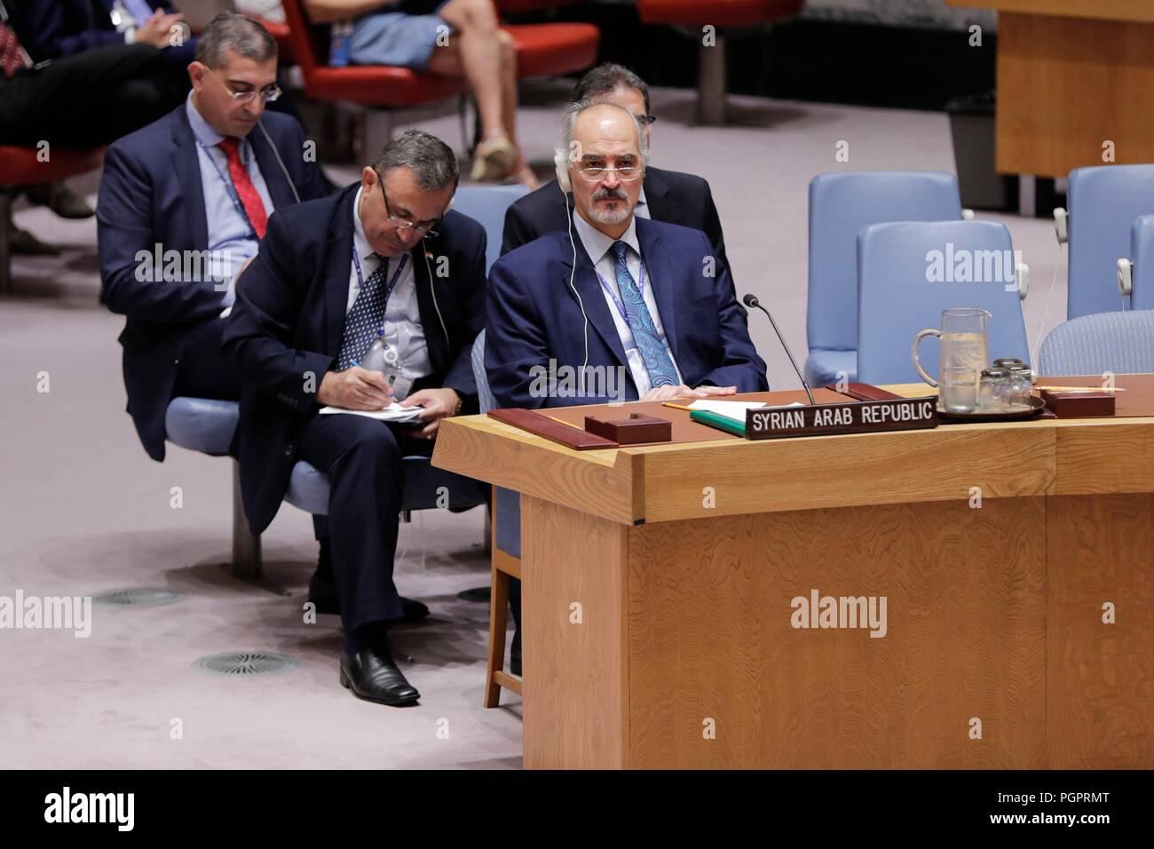 United Nations, New York, USA, August 28, 2018 - Bashar Jaafari, Permanent Representative of the Syrian Arab Republic to the United Nations During the Security Council meeting on the situation in the Middle East (Syria) today at the UN Headquarters in New York. Photo: Luiz Rampelotto/EuropaNewswire | usage worldwide Credit: dpa picture alliance/Alamy Live News Stock Photo