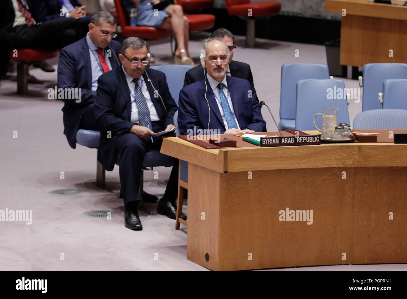 United Nations, New York, USA, August 28, 2018 - Bashar Jaafari, Permanent Representative of the Syrian Arab Republic to the United Nations During the Security Council meeting on the situation in the Middle East (Syria) today at the UN Headquarters in New York. Photo: Luiz Rampelotto/EuropaNewswire | usage worldwide Credit: dpa picture alliance/Alamy Live News Stock Photo