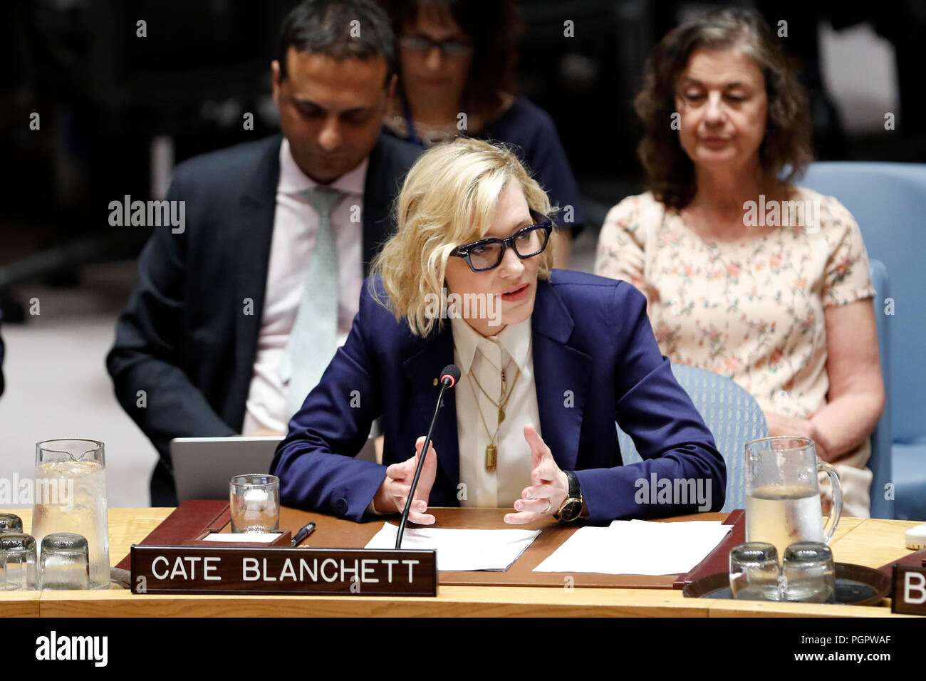 United Nations, UN headquarters in New York. 28th Aug, 2018. Cate Blanchett (front), United Nations Refugee Agency Goodwill Ambassador, addresses the Security Council on the situation in Myanmar and the Rohingya refugee crisis, at the UN headquarters in New York, Aug. 28, 2018. Cate Blanchett on Tuesday asked for efforts to help Rohingya refugees in Bangladesh and to create the right conditions for their return to Myanmar. Credit: Li Muzi/Xinhua/Alamy Live News Stock Photo
