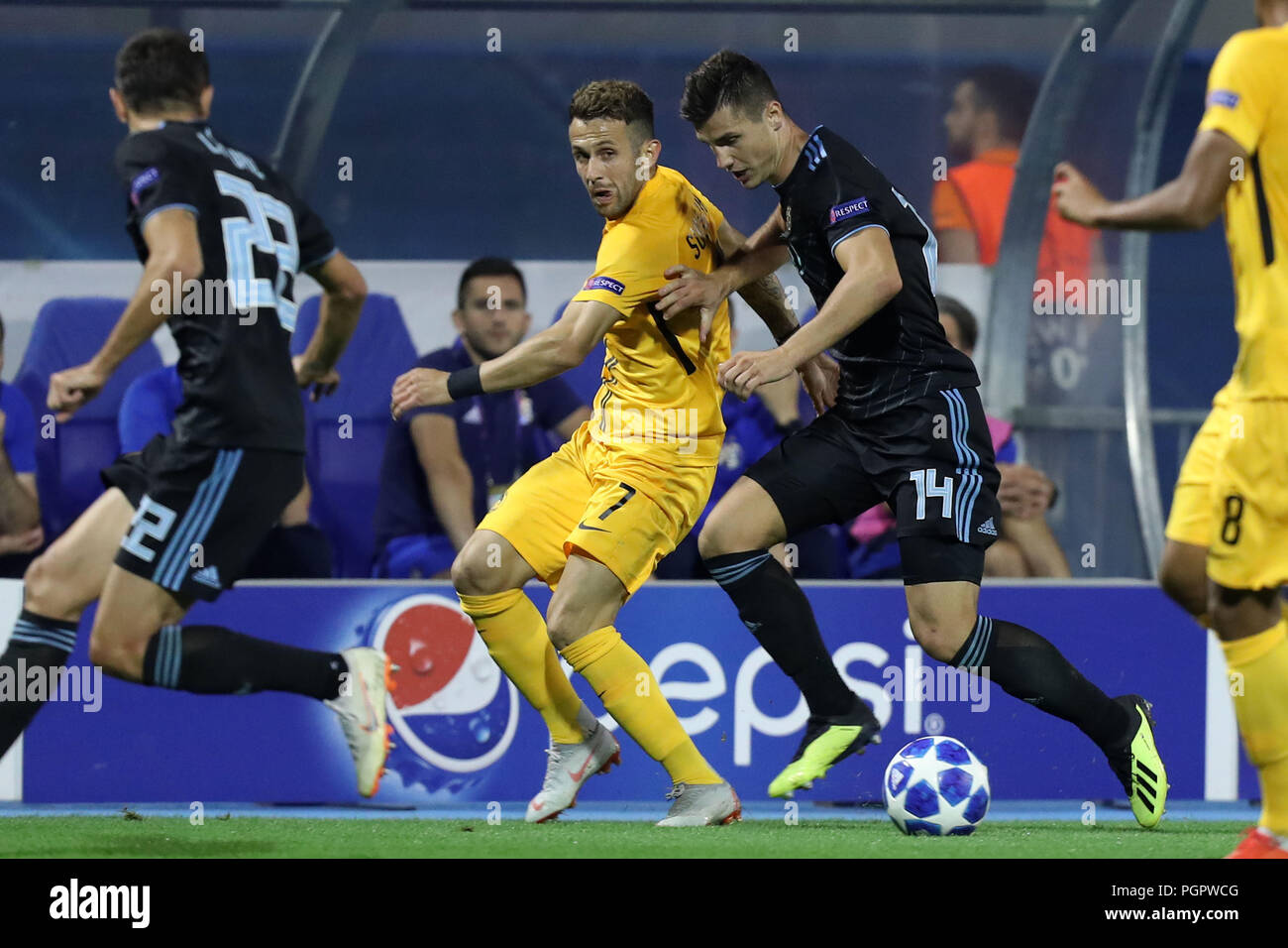 Amer Gojak of Ferencvarosi TC tries to control the ball in front