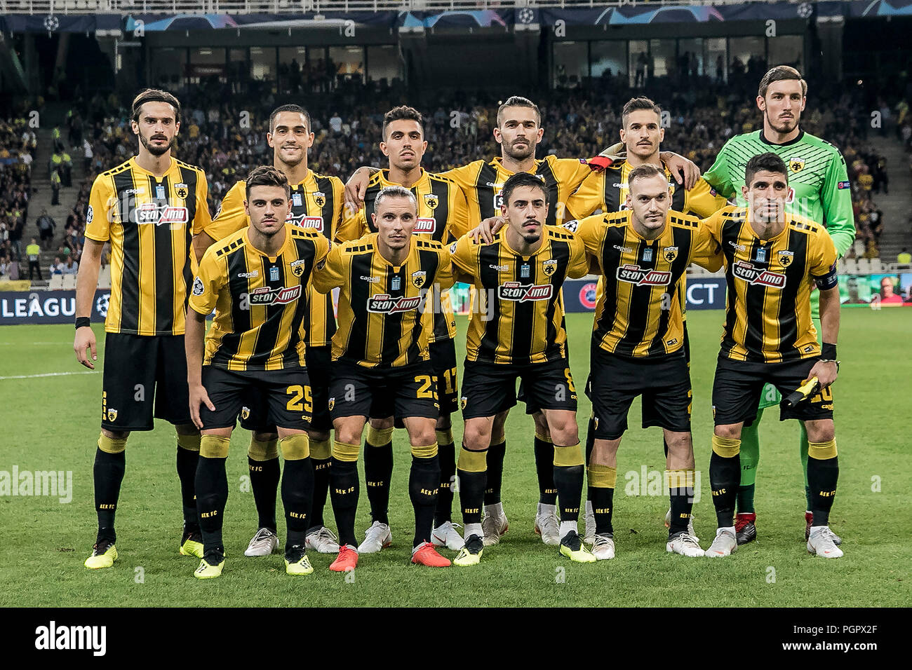 Athens, Greece. 28th Aug, 2018. AEK's starting players pose for a group  photo before the Champions League Play-Off leg 2 soccer match between AEK  Athens and MOL Vidi FC at Olympic Stadium