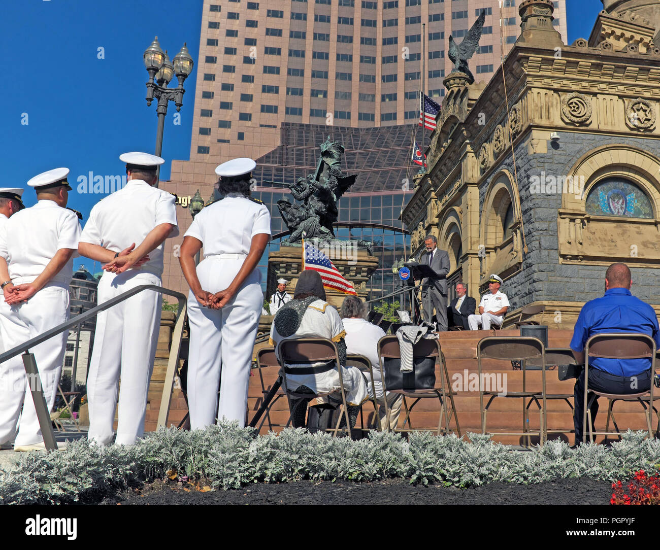 Cleveland, Ohio, USA. 28 Aug, 2018. Members of the US Navy and guests listen to Cleveland Ohio Mayor Frank Jackson proclaim it Navy Week on the steps of the Cuyahoga County Soldiers' and Sailors' Monument.  Credit: Mark Kanning/Alamy Live News. Stock Photo