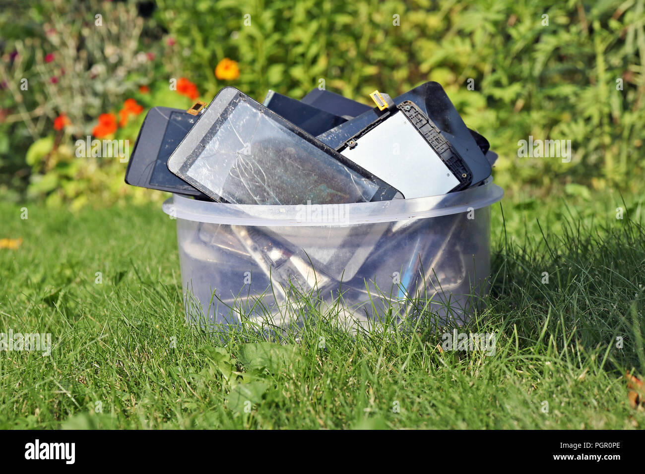 Heap of the  broken and cracked  cellular telephons in plastic box lie on green lawn grass. Modern technologies pollute environment copncept. Stock Photo