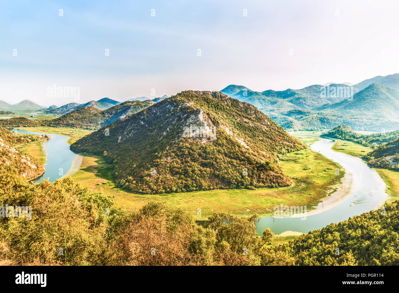 Montenegro majestic landscape - Crnojevica river bending in Skadar Lake National Park. Stock Photo