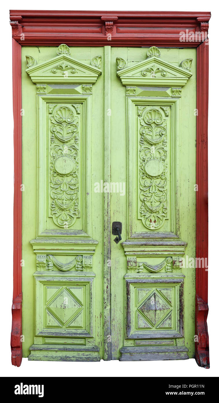 Handmade Vintage Wooden Green Door With Red Frame In Retro Rural