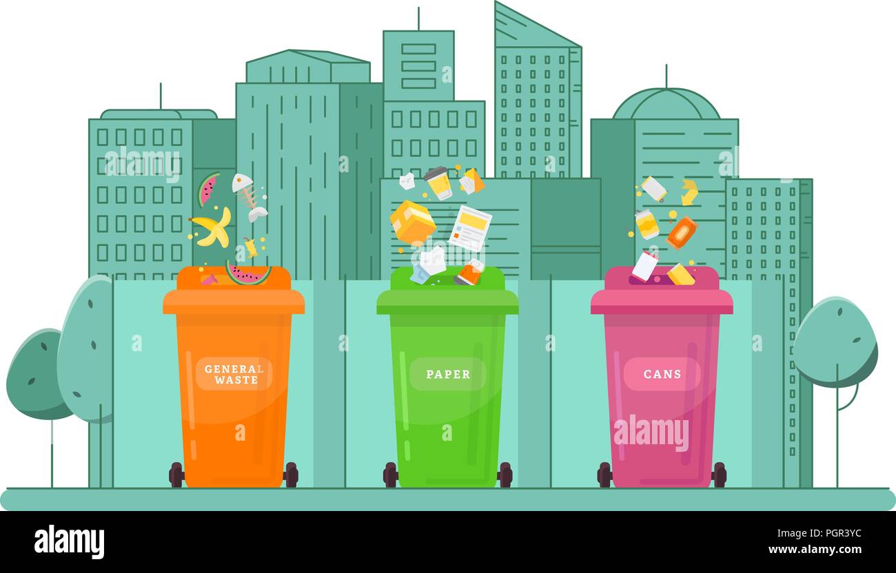 Ecologic concept - trash sorting into the multic-colored containers Stock Vector